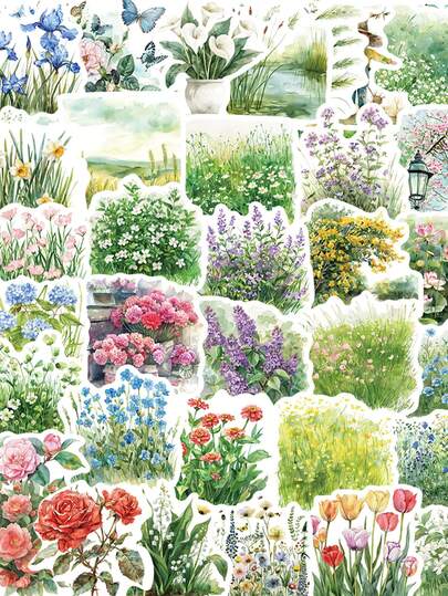 50pcs Watercolor Summer Stickers Natural Plant Landscape Stickers Decor DIY For Scrapbook, Journaling, Laptop, Bumper
