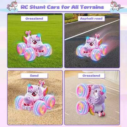 Unicorn Remote Control Car For Girls, 360° Rotating 4WD Stunt RC Cars With Cute Lights, Rechargeable Car Toys Birthday Gifts For Kids Girl Age 3 4-6 6-12