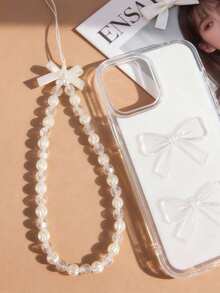 Bow Element 乳白色缎面蝴蝶结条纹珍珠串珠手机挂绳 1 件装 精致少女手腕链包饰 春季礼物 生日礼物 - 彩色 - 查看 2