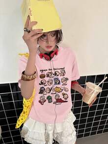 Nueva camiseta de manga corta con estampado de dibujos animados retro, diseño único de ajuste ceñido, casual y adecuada para el verano - Rosa Pálido - Ver 3