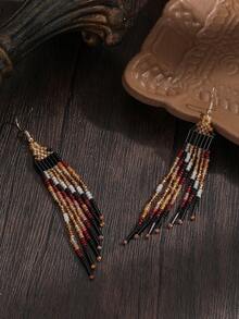 SOUL BEADING 复古波西米亚风串珠耳环，哥特风格，黑、白、棕、金珠混色，几何对称图案，流苏吊坠，手工串珠耳环，流苏耳环，复古风格，适合女性日常、度假、派对佩戴，百搭礼物 - 黑色 - 查看 4