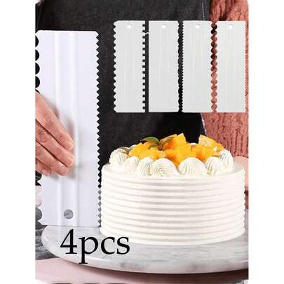 4pcs Cake Scraper Set, Plastic Serrated Cake Decorating Comb, Polished Butter Cream Frosting Cake Edge DIY Tools, Cake Icing Smoother Baking Mold, Serrated Cake Scraper Polished Texture