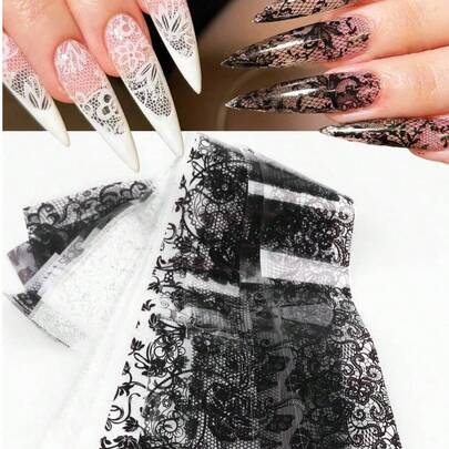 10pcs Black & White Lace Nail Foil Stickers, Floral Vintage Lace Nail Art Supplies, Galaxy Holographic DIY Nail Decals (No Glue Included)