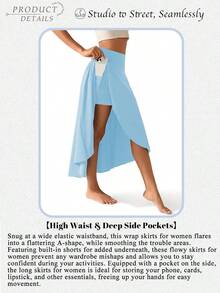 Women's High Waist Sports Skirt With Built-In Pockets - Stretchy & Non-See-Through Skirt, No Belt Needed, Suitable For Yoga, Running And Fitness - Solid Color All-Weather Activewear, Easy To Clean Summer - Mint Blue - View 5