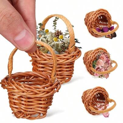 5pcs Mini Imitation Rattan Decorative Basket, Home Decoration Photo Prop Small Hand Basket, Pastoral Style Home Decoration Basket, Suitable For Easter, Gifts And Crafts - Perfect For Weddings And Flower Girls, Wedding Small Gifts | Decorative Baskets, Wedding Baskets