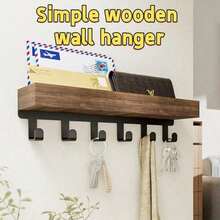 1 pieza Organizador de pared montado en la pared de madera vintage con 6 ganchos, estante de almacenamiento flotante y soporte para llaves/correo. Organizador de entrada de estilo nórdico minimalista con bandeja de madera, multiusos para cocina, dormitorio, baño y pasillo. Decoración del hogar ideal, adecuado como regalo de Navidad, Año Nuevo, cumpleaños, Día de la Madre para amigos y madres. - Multicolor - Ver 13