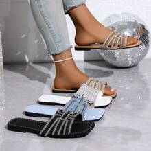 方头水钻装饰女士平底拖鞋，时尚休闲沙滩凉鞋，夏季必备 - 黑色 - 查看 9