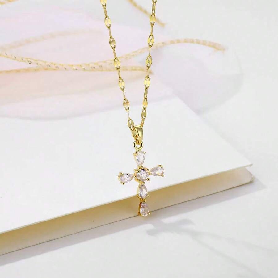 Dây chuyền thánh giá bằng thép không gỉ, kiểu dáng hip-hop châu Âu và Mỹ, vòng cổ choker unisex. - Vàng - Xem 1