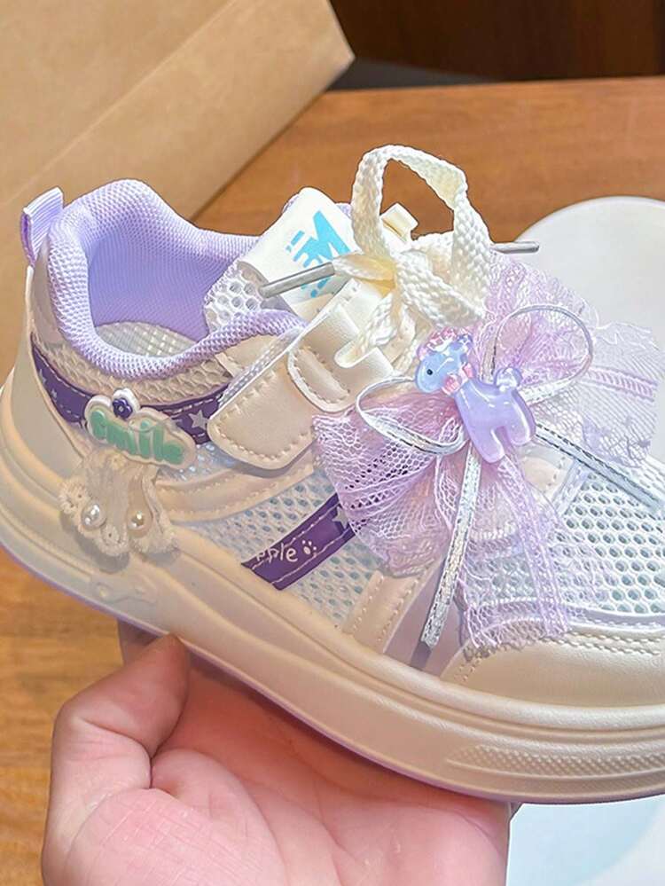 1 Pair Kids Soft Sole Non-Slip Bow Hook And Loop Mesh Sneakers, Casual Fashion Comfortable Lightweight Breathable Athletic Shoes, Suitable For All Seasons - Purple - View 11