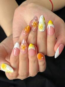 10片手工杏仁形美甲贴纸，白色法式尖头，橙色渐变，3D水滴设计，浮雕花卉雕刻亚克力假指甲，适合春夏女孩和女士日常、度假和校园美甲装饰，包含甲油胶和指甲锉。 - 彩色 - 查看 5