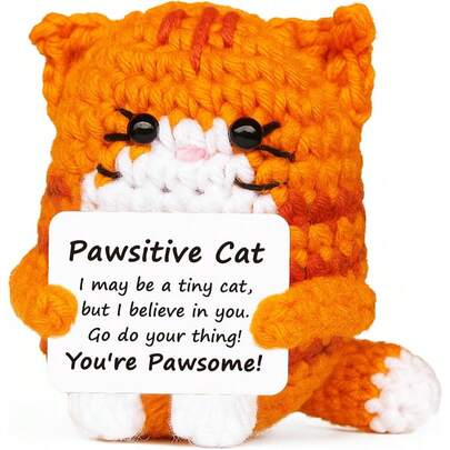 1件正能量钩针猫迷你动物情感鼓励支持礼物，趣味钩针迷你手工猫，适合送给女性、男性、朋友、妈妈、女儿、儿子、青少年作为生日礼物……