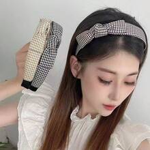 1pc Houndstooth Knotted Headband, Wide Retro Chic Personalized Satin Fabric Knotted Hair Hoop Hairband Diadema - Multicolor - View 1