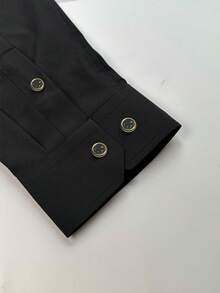 Men's Solid Color Formal Shirt With Button Design, Long Sleeve - Black - View 5