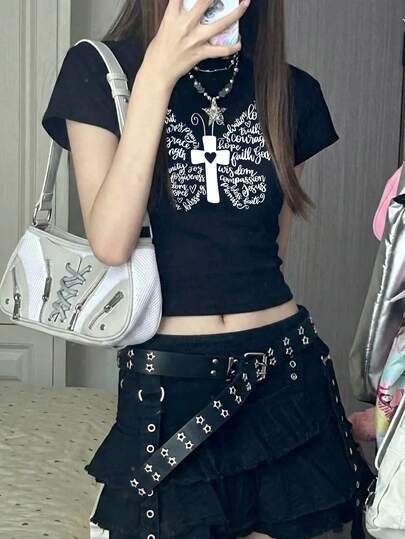 2026夏季新款女式露脐上衣，修身设计，蝴蝶印花图案，朋克街头风，百搭圆领T恤