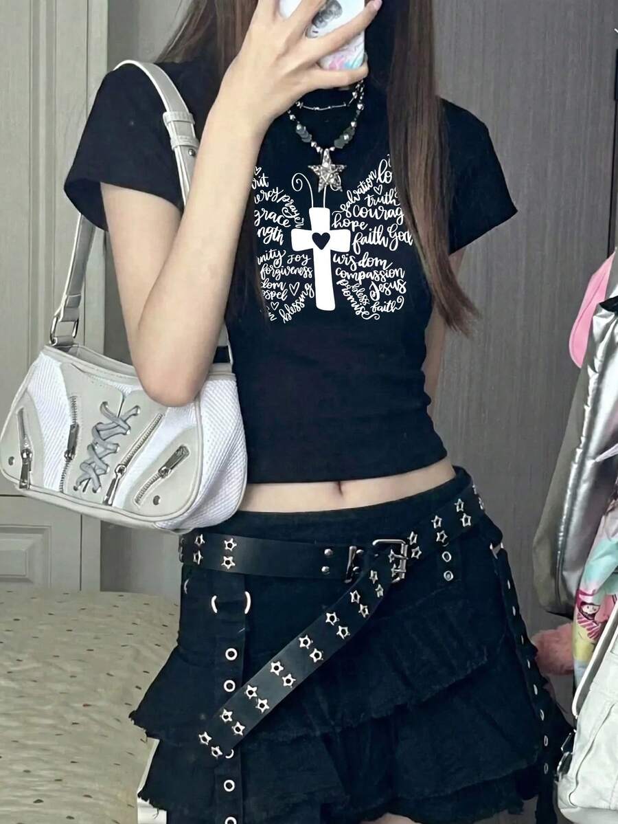 2026夏季新款女式露脐上衣，修身设计，蝴蝶印花图案，朋克街头风，百搭圆领T恤 - 黑色 - 查看 1