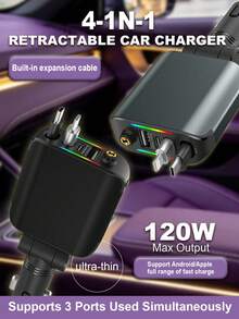 W&O 120W可伸缩车载充电器，带星光灯，四合一Type-C接口，适用于手机和安卓设备快充，兼容 17/16/15/14/13/12/11，情侣礼物 - 均碼 - 查看 2