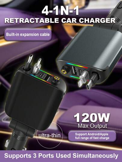 W&O 120W可伸缩车载充电器，带星光灯，四合一Type-C接口，适用于手机和安卓设备快充，兼容 17/16/15/14/13/12/11，情侣礼物