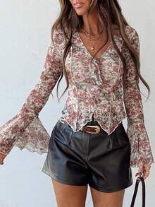 春季花卉印花V领喇叭袖女式上衣 - 彩色 - 查看 7