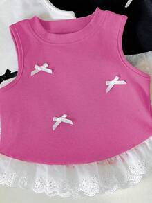 3件套少女时尚蕾丝边无袖罗纹背心，休闲蝴蝶结上衣，百搭户外春夏装 - 彩色 - 查看 3