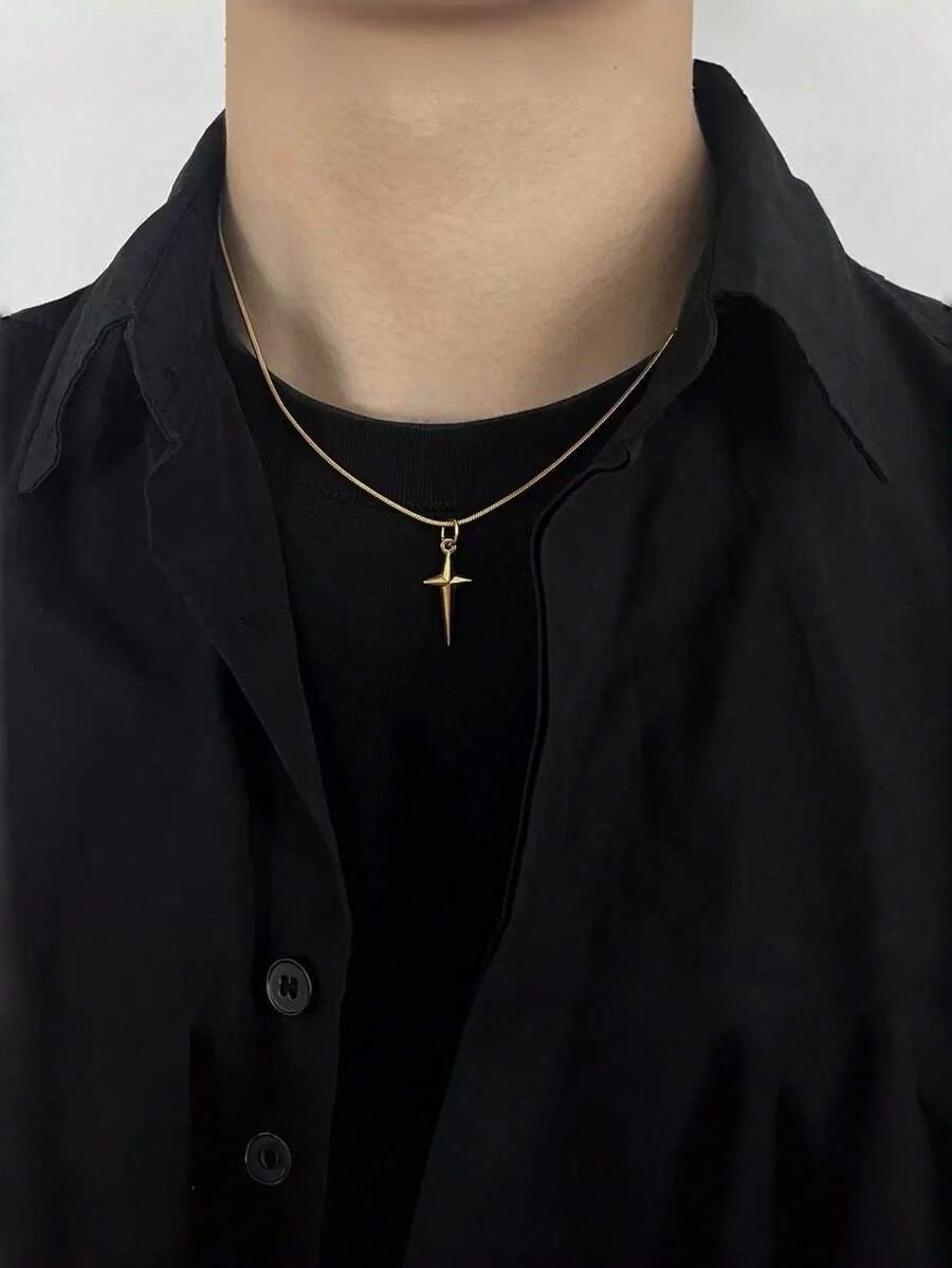 1 pieza Collar con colgante de estrella 3D chapado en oro de 18K para hombres, collar minimalista versátil de acero inoxidable con elemento de estrella, adecuado para uso diario y ocasiones de moda hip-hop - Dorado - Ver 1