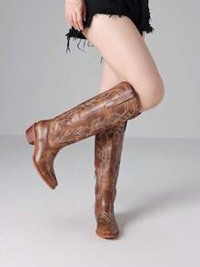 Women Western Knee High Boots Cowboy Long Chunky Block Heeled Boots Pointed Toe With Side Zipper Cowgirl Boots Vintage Country Comfy Mid-Calf Boots - 棕色 - 查看 3
