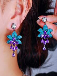 一对异域风情紫色水滴形立方氧化锆吊坠蓝色绿松石花叶长款耳环，黑色镀金立方氧化锆女士波西米亚风配饰，适合婚礼、度假、派对、舞会等场合佩戴。 - 藍色 - 查看 3