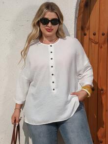 大码女式宽松纯色套头衫，时尚休闲上衣，适合日常休闲和度假穿着，春夏白色 - 白色 - 查看 2