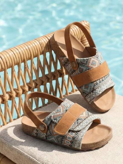 Jacquard Soft Cork Sandals For Girls, Detachable Heel Strap With Hook And Loop, Casual Slip-On Slippers