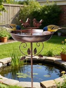 复古金属鸟浴盆，配有双鸟雕像，仿古铜色鸟食碗，独立式花园装饰，适用于露台、草坪、庭院、后院，适合观鸟，耐候性强，户外鸟浴盆，吸引野生鸟类 - TY-TK102 - 查看 5