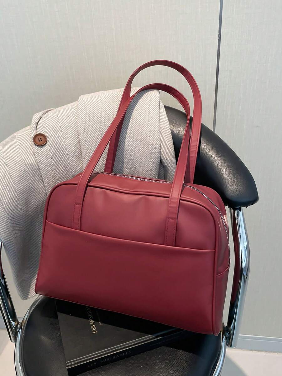 复古学院风大容量单肩包，通勤腋下手提包，韩版高端设计女士手提包 - 酒紅色 - 查看 1