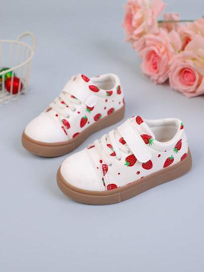 1 paire de chaussures de sport décorées d'un motif de cerise pour enfants, au design à scratch, petites chaussures blanches mode polyvalentes, convenant pour le port en extérieur toute l'année