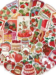50pcs Strawberry Stickers Aesthetic Vibes For Journal, Phone Case, Tablet, Water Bottle, Desk, Helmet, Bike, Luggage, Waterproof Decals - Multicolor - View 8