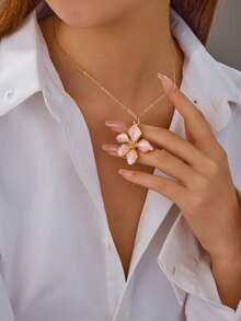 1pc Fashion Teardrop Glazed Pink & Red Flower Pendant Necklace, Burgundy Flower Charm Necklace, Daily Wear Accessory For Women - Multicolor - View 13