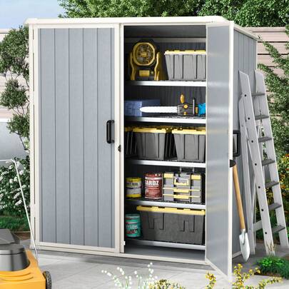  AOXUN 5x3 FT Outdoor Storage Shed With Floor, Plastic Garden Resin Shed For Patio, Lawn, Small Garden Shed Waterproof Plastic Tool Shed With Sloped Roof For Bike, Garbage Can, Tools, Grey