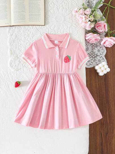 Strawberry Print Short Sleeve Lapel Open Front Casual Dress, Summer