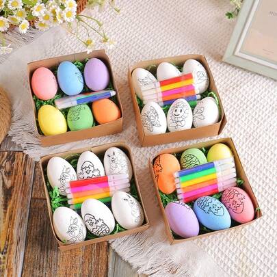1 Set Easter DIY Hand-Painted Colorful Eggs, Cartoon Rabbit & Chick Egg Children's Handmade Gift Painting Kit (6pcs/Set)
