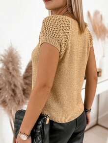 Blusa de punto de manga corta raglán de unicolor para mujer, casual para primavera/verano - Caqui - Ver 5