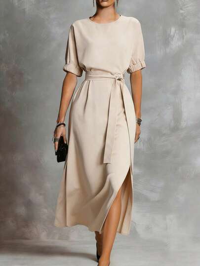 Women's Mid-Length Solid Color Waist Cinched Side Slit Dress, Short Sleeve Round Neck, Essential For Commuting And Gatherings, Spring/Summer