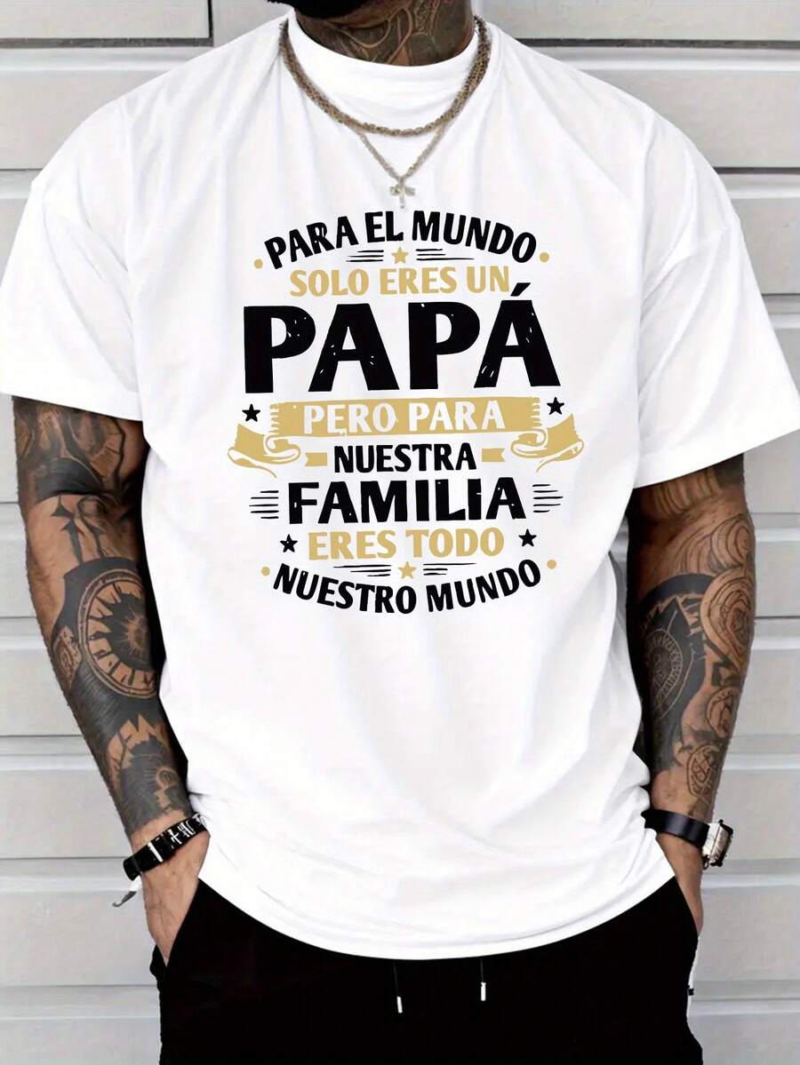 Camiseta de manga corta para hombre, estilo casual y a, con estampado de letras Papá nuestro mundo, de fibra ligera de 180 g/², corte regular, cuello redondo, cómoda y elástica, para el verano, ropa de moda de estilo casual para el día a día, perfecta como regalo. - Blanco - Ver 1