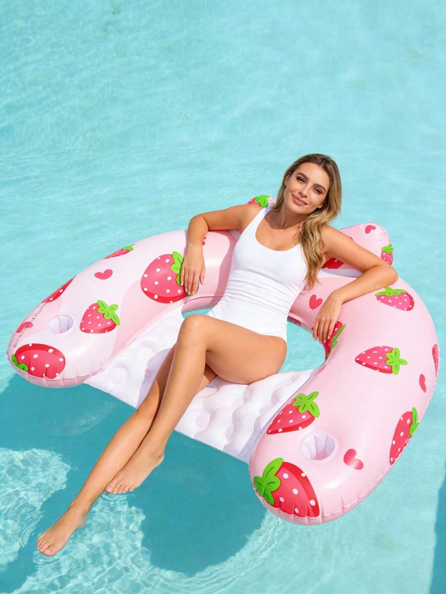 1个U型充气躺椅，水果主题，草莓和菠萝元素，带杯架，PVC材质，适合水上活动、泳池、海滩、主题派对，充气水上漂浮物，泳池充气漂浮床，充气泵需另行购买。 - 水果U型躺椅 - 查看 1