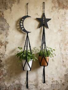 1个/2个手工编织月亮星星植物吊篮，波西米亚风室内悬挂式花盆，波西米亚家居装饰，黑色植物架，卧室客厅阳台墙面装饰，送给波西米亚植物爱好者的礼物，月相设计，星月装饰，乡村风家居装饰，中小型盆栽植物吊篮，波西米亚墙面艺术，星空家居装饰 - 彩色 - 查看 3