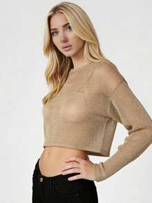 Women's Knit Sheer Tops Fashionable Round Neck Solid Color Long Sleeve Crop Blouse - Champán - Ver 2