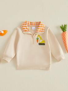 Toddler Baby Boy Easter Sweatshirt Bunny Carrot Embroidered Long Sleeve Half Zip-Up Collared Pullover Tops For Spring Fall - Khaki - View 1