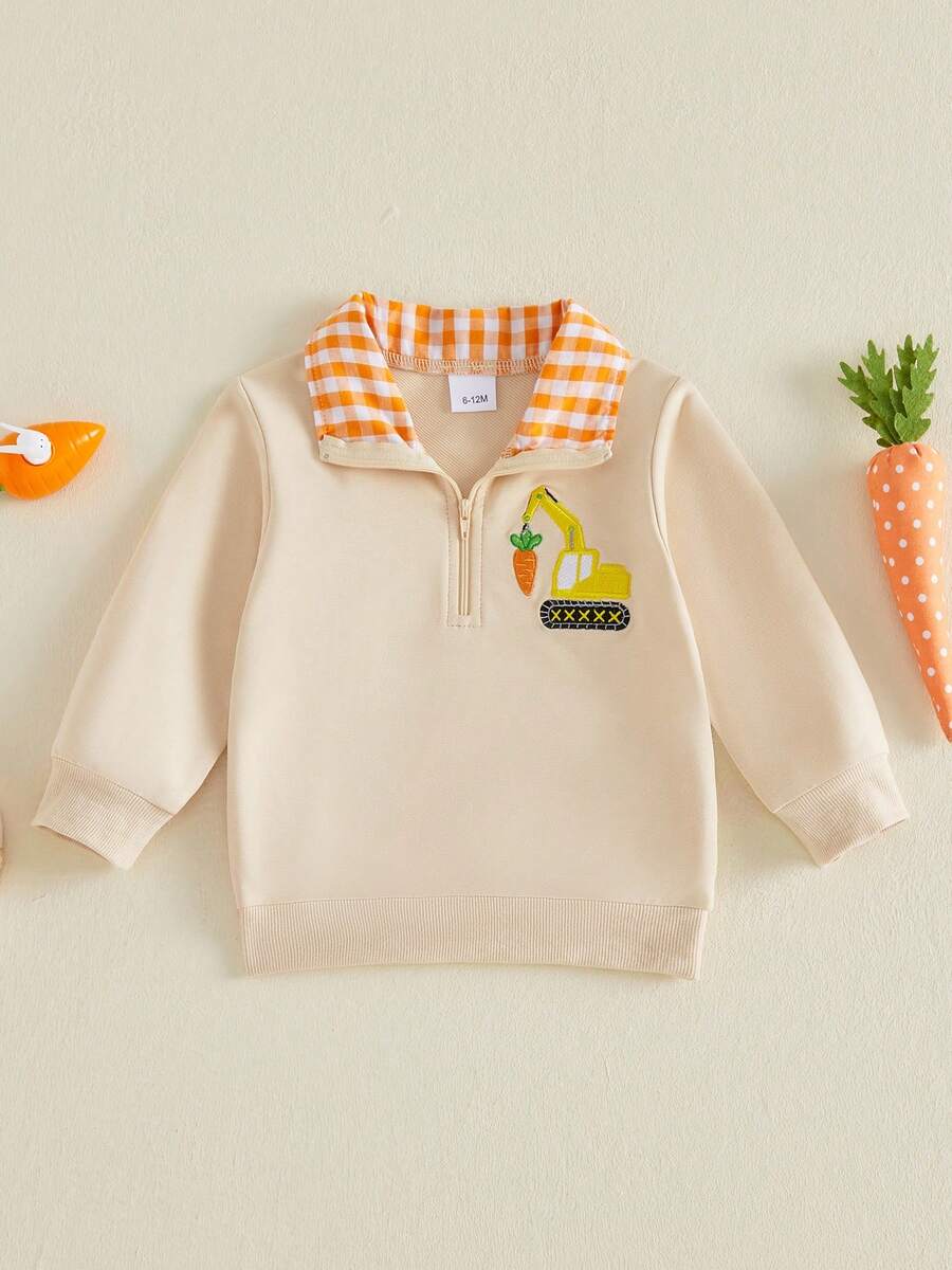 Toddler Baby Boy Easter Sweatshirt Bunny Carrot Embroidered Long Sleeve Half Zip-Up Collared Pullover Tops For Spring Fall - Khaki - View 1
