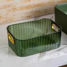 Transparente Acryl Schreibtisch Aufbewahrungsbox (funktioniert auch als Mehrzweck Aufbewahrungskorb) mit Goldrand, geeignet zum Organisieren von Kosmetik, Hautpflegeprodukten, Gesichtsmasken, Snacks, Wohnheim-Essentials und verschiedenen Haushaltsgegenständen - Verschiedenfarbig - Übersicht 12