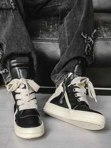 Men's Athletic And Casual Shoes, Thick Shoelaces, Round Toe, High-Top Casual Shoes, Niche Retro Platform Skate Shoes. - 黑色 - 查看 4