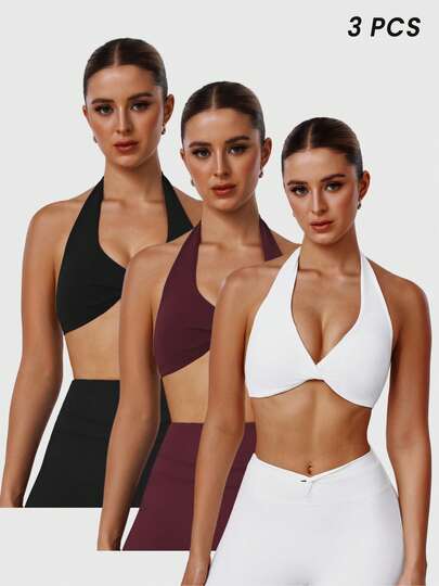 Sodalemon 女士训练健身三件套运动文胸瑜伽弹力挂脖休闲无背带衬垫训练运动服跑步户外扭结运动文胸