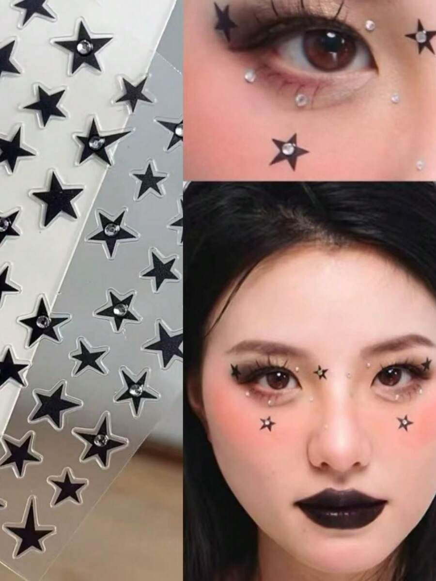 1件星形贴纸脸部饰品,黑色金属五角星镶嵌水钻,音乐节脸部装饰,Y2K闪亮百搭设计,脸部闪粉,嘉年华,五角星水钻脸部装饰(自粘式),演唱会造型,脸部宝石 - 彩色 - 查看 1
