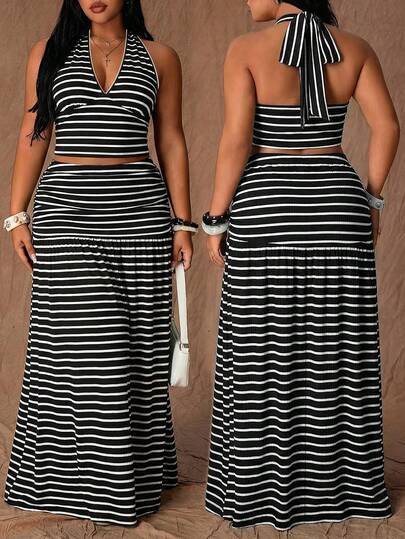 Bộ đồ hè thanh lịch dành cho nữ cỡ lớn, áo không tay kẻ sọc phối màu tương phản kết hợp với váy dài xếp ly cạp cao giúp thon gọn vóc dáng, thích hợp cho kỳ nghỉ, trang phục xuân/hè, hẹn hò, mặc hàng ngày, đi biển, dự tiệc. Màu đen.