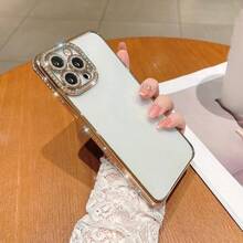 Funda de teléfono con lentejuelas de lujo con baño de oro, adecuada para iPhone 17 Pro Max/17 Pro/17/16 Pro Max/16/16 Pro/15/15 Pro Max/15 Pro/13/14 Pro Max/13 Pro/13 Pro Max/14 Pro/14 Pro Max, carcasa suave, minimalista y creativa - Oro + Recubrimiento de lente - Ver 4